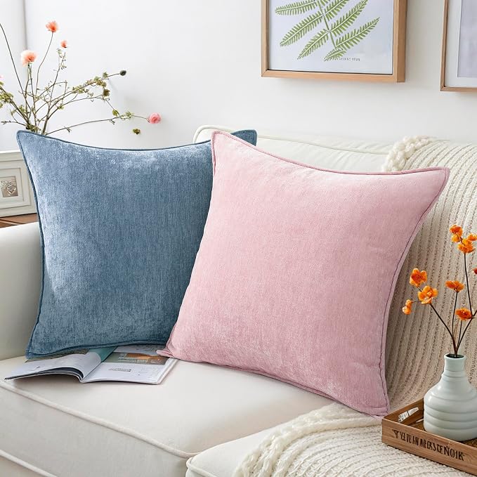 decorUhome Chenille Blue Grey Velvet Throw Pillow Covers 12x20 Set of 2 | Fall Soft Lumbar Couch Decorative Modern Farmhouse Pillow Cases with Elegant Design for Sofa Bed Living Room Home Decor