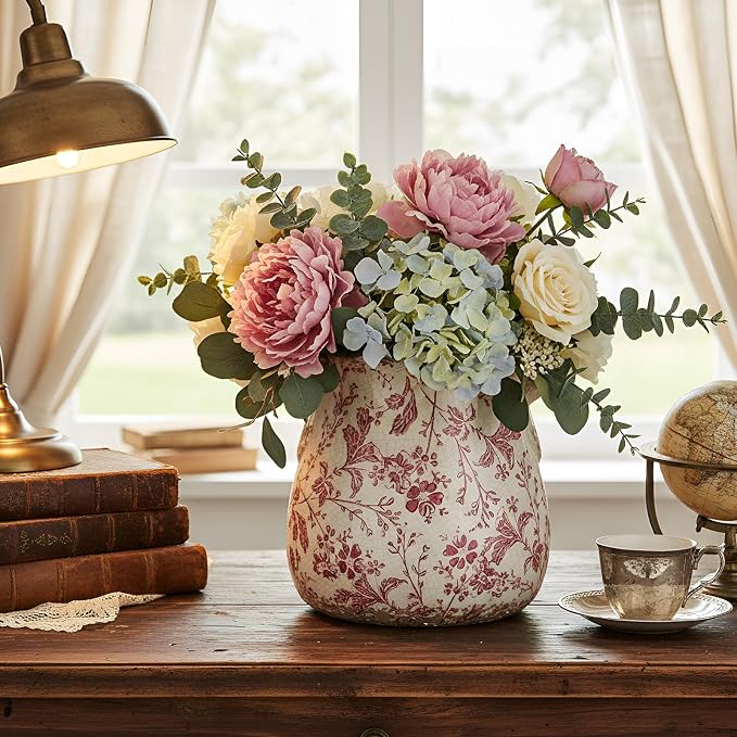 Ceramic Scroll Planter 6.5 Inch Chinoiserie Floral Vase with Drainage Holes Vintage Flower Vase Flower Pot Rustic Ceramic Pots for Indoor Plants Garden Home Bookshelf Decor(Pink Floral)