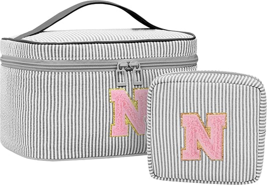 Initial Makeup Bag Cosmetic Bag Bridal Shower Gifts - Bridesmaid Bag,Bridesmaid Proposal Gifts for Wedding Day,Maid Matron of Honor Gift, Bride to be Gifts,Bachelorette Party Favors,2PCS,Black N