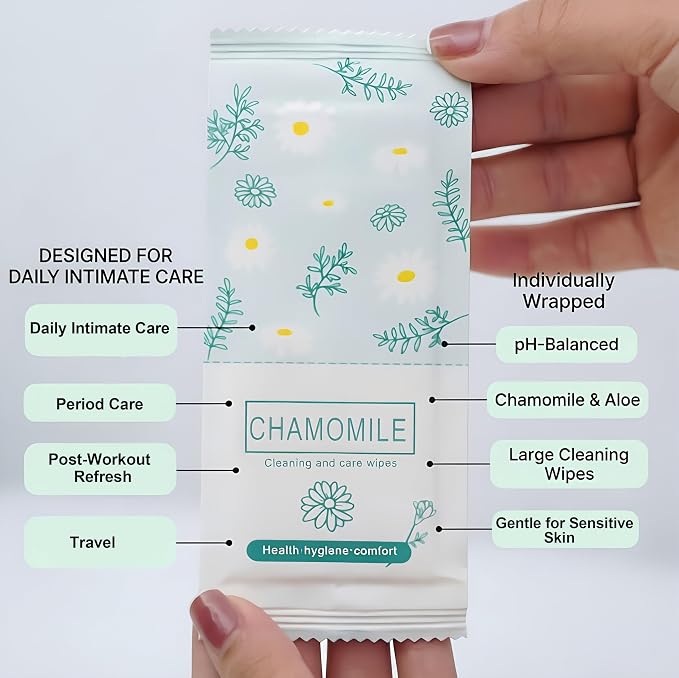 Travel Feminine Hygiene Wipes, Individually Wrapped Wipes, 200 Pack | Chamomile pH-Balanced Feminine Wipes, Individually Wrapped Portable Large Hygiene Wipes for Friends & Homeless Care
