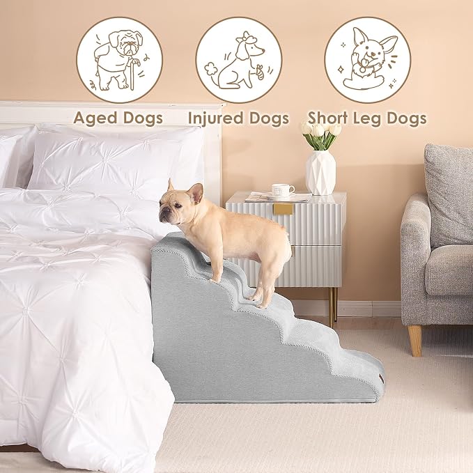 EHEYCIGA Curved Dog Stairs Ramp, 5-Step High Beds, 22.6" H Pet Step | 33D density of pure foam, for Small Dogs and Cats, Pet Stairs for High Bed Climbing, Non-Slip Balanced Indoor, Light Grey