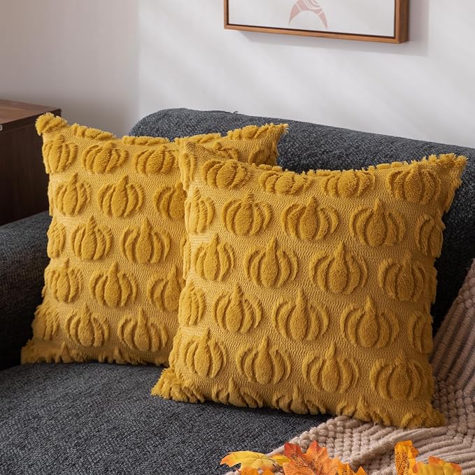 DFXSZ Fall Pillow Covers 16x16 2Pcs Yellow Pumpkin Fall Decoration for Home | Fall decor Set of 2 Throw Pillow Cases Soft Plush Faux Fur Wool Couch Cushion for Chair Sofa Bedroom Living Room Home Decor