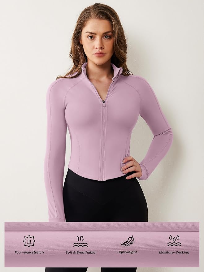 AVGO Women's Workout Jacket Lightweight Zip Up Cropped Yoga Jackets Slim Fit Athletic Tops with Thumb Holes