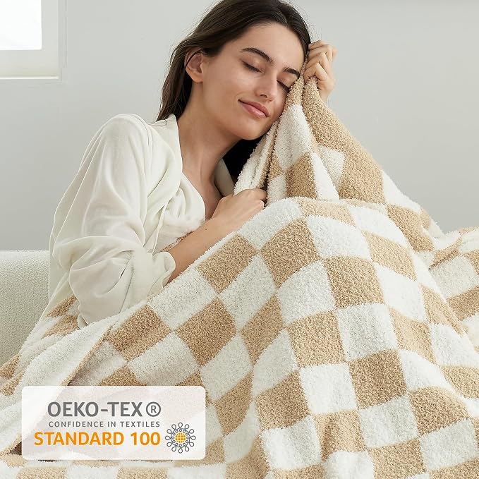Snuggle Sac Checkered Throw Blanket for Couch, Super Soft, Cozy Warm Knit Blankets, Reversible Fluffy Checker Throws for Sofa, Bed, Checkered Beige, 50x60 Inches