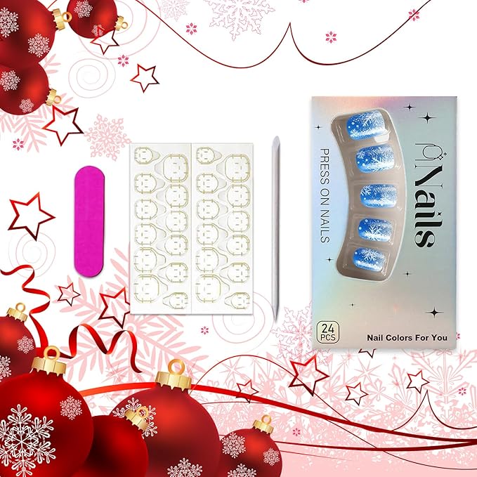 Christmas Snowflake Press on Nails Short Square Xmas False Nails Blue White Gradient Acrylic Glue on Nails Glossy Winter Christmas Fake Nails for Women Girls
