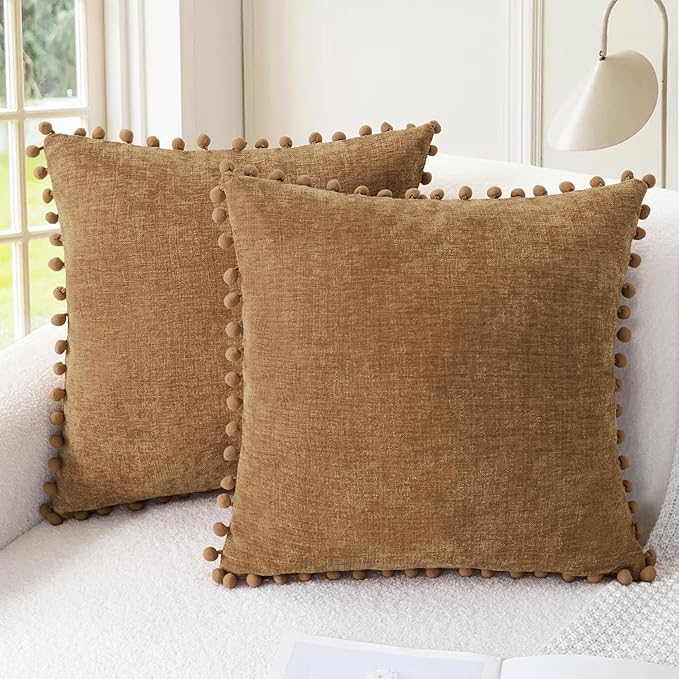 CaliTime Decorative Couch Throw Pillow Covers 18 X 18 Inches Apricot Brown | Pack of 2, Cozy Chenille Cushion Cases, with Pom Poms for Sofa Bed Living Room Farmhouse Home