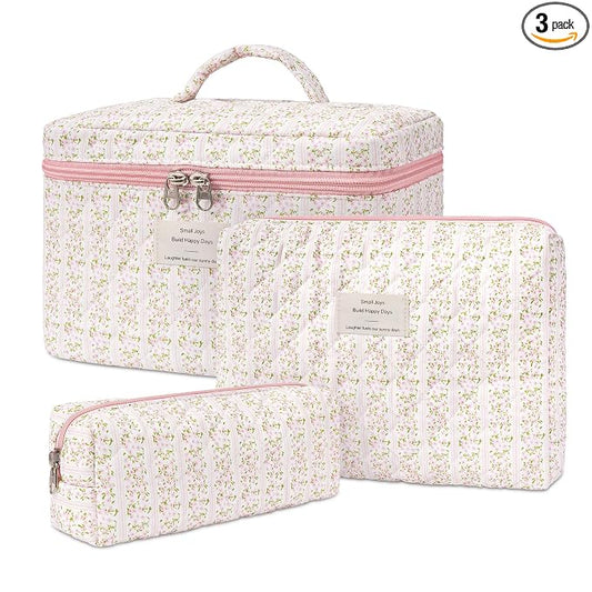 honitty Makeup Bag,Quilted Cosmetic Bags,Large Floral Make Up Organize bag,Makeup Bag Set for Women,Flower Travel Toiletry Bag
