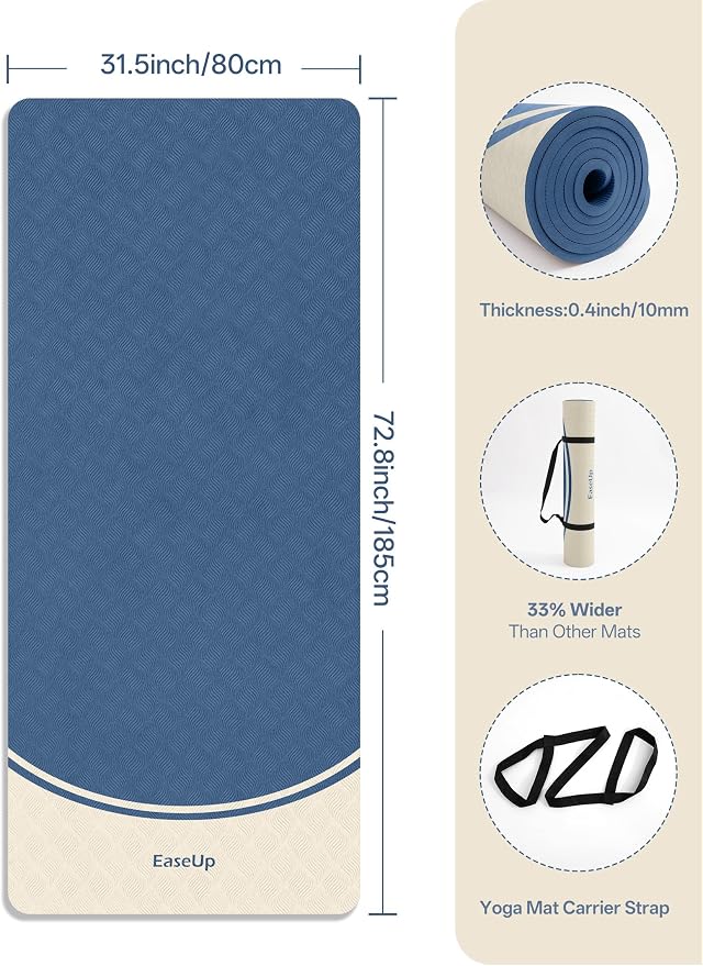 EaseUp Extra Thick Yoga Mat -2/5 inch (10MM), 72.8x31.5" Extra Long-Wide, Professional TPE Non-slip yoga mats for Yoga,Exercise, Workout,Pilates and Fitness, with strap