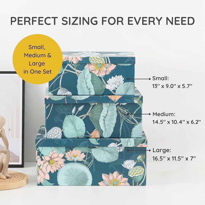 Soul & Lane - Enchanted Garden Decorative Storage Boxes with Lids, Set of 3 | Large Nesting Paperboard Storage Boxes for Keepsakes and Photos, Bold Dark Floral Containers for Home Decor