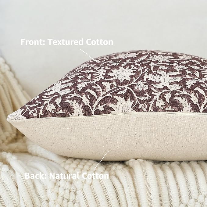 FIOUOVO Floral Throw Pillow Covers 20x20 Farmhouse Block Print Pillow Covers Decorative Pillow Covers Couch Pillows for Living Room Vintage Accent Sofa Pillows Set of 2, Burgundy