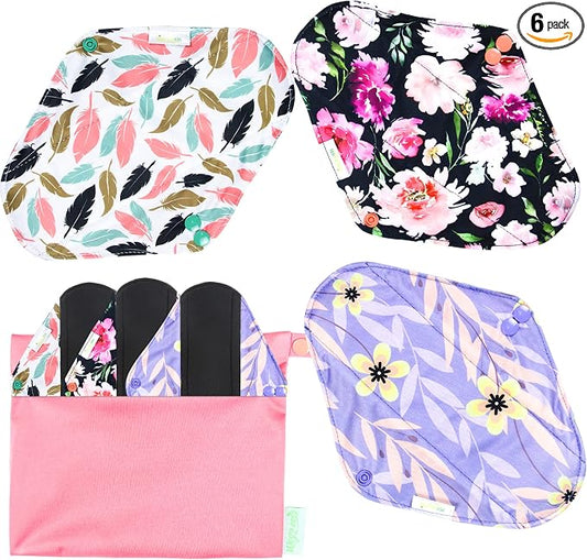 wegreeco Reusable Menstrual Pads - Reusable Sanitary Pads | Reusable Panty Liners | Soft Cloth Menstrual - 6 Pack with 1 Cloth Mini Wet Bag (Medium, Flower 02)