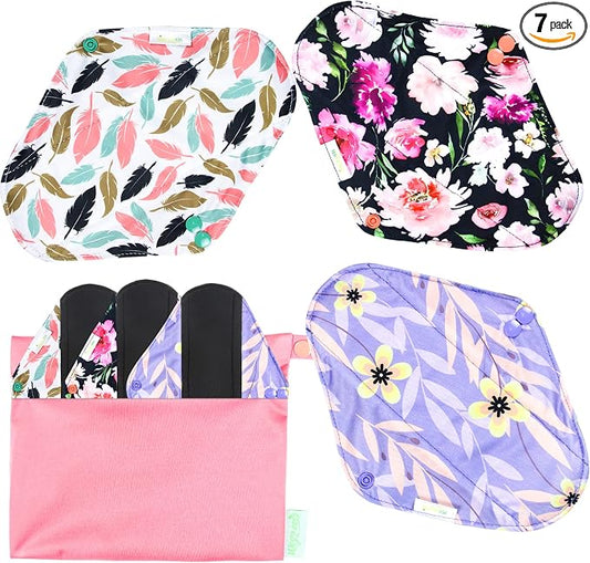 wegreeco Reusable Menstrual Pads - Reusable Sanitary Pads | Reusable Panty Liners | Soft Cloth Menstrual Pads - 6 Pack with 1 Cloth Mini Wet Bag (Small, Flower 02)