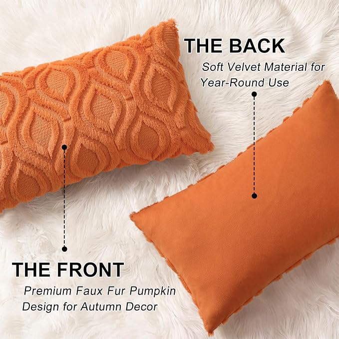 decorUhome Faux Fur Plush Soft Orange Throw Pillow Covers 12x20 Set of 2 | Plush Solid Fall Couch Pillow Covers, Accent Modern Farmhouse Neutral Decorative Square Pillow Cases for Sofa Bed Living Room