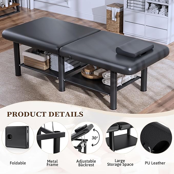 Olela Wide Foldable Massage Table - Professional Massage Table with Adjuatable Backrest & Large Storage Space, Treatment Tables with Metal Frame and Pu Leather for Spa, Beauty, Rehabilitation