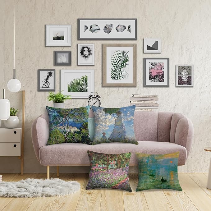 Claude Monet Painting Throw Pillow Covers 18x18 inches Set of 4 Sunrise The Impression Art Painting Pillow Cases Square Decorative Cushion Covers for Sofa Couch Car
