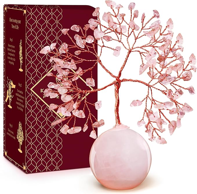 Rose Quartz Crystal Tree of Life Birthday Gifts for Women, Handmade Home Decor, Office, Room Decoration, Reiki Healing Crystal Chakra Tree for Money, Positivity, Good Luck Gifts for Her, Mom & Dad