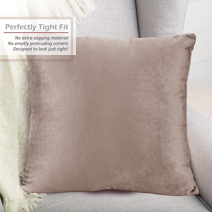 Throw Pillow Inserts Pack of 2 with Velvet Soft Solid Decorative Square Throw Pillow Covers Set for Sofa Couch Car Bedroom, 20X20 Throw Pillows Inserts with 18x18 Washable Cushion Covers, Taupe Sand