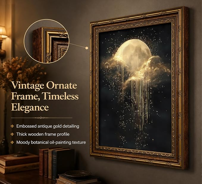 Vintage Gold Framed Golden Moon Celestial Wall Art,Moody Celestial Painting Canvas Print,Glittering Golden Rain & Sparkling Stars Wall Decor,Gothic Night Sky Stars Artwork,for Bedroom Living Room Bathroom
