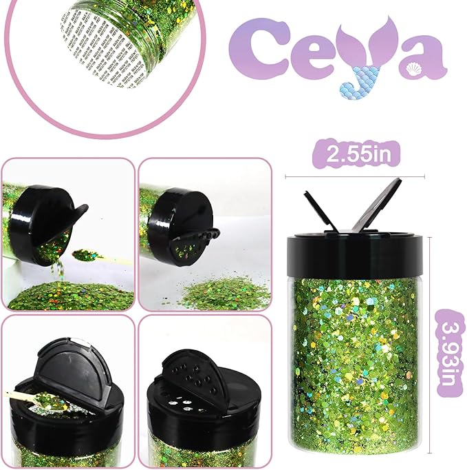 Ceya Holographic Chunky Glitter, 4.9oz/ 140g Light Green Craft Glitter Powder Mixed Chunky & Fine Flakes Iridescent Nail Sequins for St Patricks Day Party Decor, Epoxy Resin, Tumblers, Slime, Painting