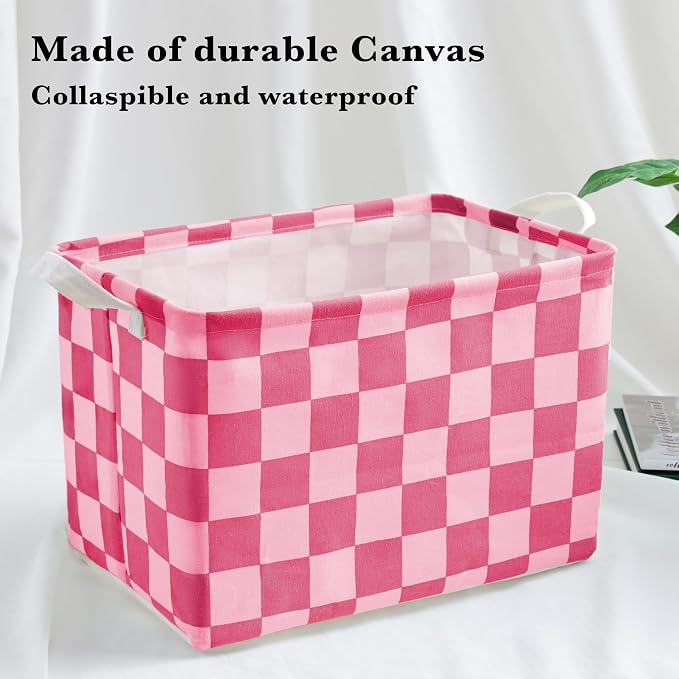 Hot Pink Coral Checkered Canvas Basket, Rectangular Organizing Decorative Storage Basket for Kids Dog Toy, Cute Aesthetic Race Cars Boy Room Decor for Home, Kitchen, Bedroom, Classroom, Shelves