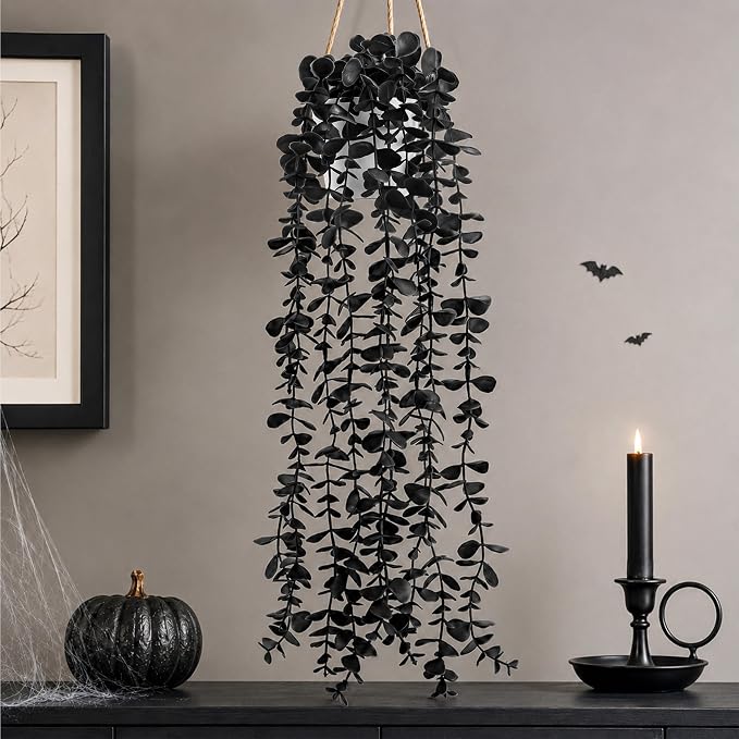 Der Rose Fake Eucalyptus Hanging Plants for Halloween Party Decorations | Black faux plants indoor for gothic bathroom decor, shelves and mantels, bringing moody depth to Halloween decorations indoor
