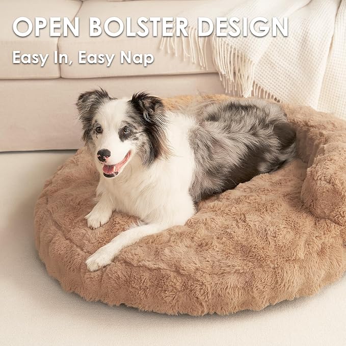 EHEYCIGA Soft Dog Couch Bed for Large Dog, Fluffy Medium Dog Bed with Removable Washable Cover, Bolster Pet Sofa, Waterproof and Non-Slip, 36" x 36"x 9", Camel