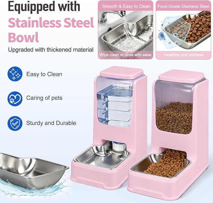 Automatic Cat Dog Feeder and Water Dispenser Set with Stainless Steel Bowl | Automatic Cat Feeder and Water Dispenser Set with Dog Stainless Steel Feed Bowl Pet Gravity Self Feeding and Waterer *2
