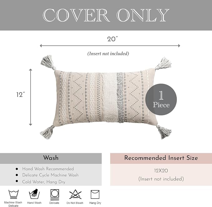12x20 Lumbar Pillow Cover, Cream Neutral Rectangular Decorative Cushion Cover with Gray Pattern, Boho Accent Pillowcase with Tassels for Couch Sofa Living Room (Cover Only)