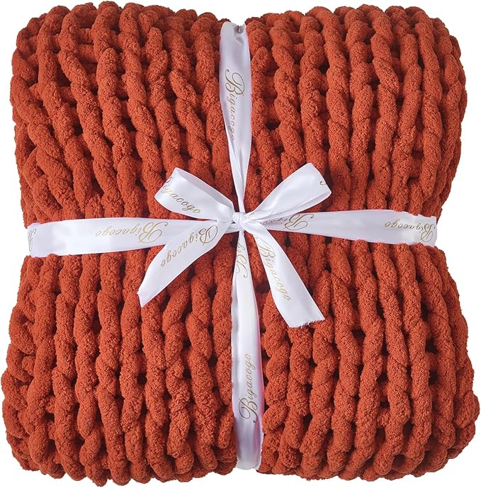 Bigacogo Chunky Knit Throw Blanket for Couch, 40x40 inches, Rust Red | Hand Knit with Jumbo Chenille, Soft Breathable Cable Knit for Sofa Bed Living Room, Machine Washable, Gift for Mom Friend