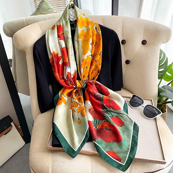K-Elewon Large Square Scarf 43" Silk Scarf Fashion Scarves Silk Feeling Hair Wrapping Scarfs Night Sleeping Headscarf