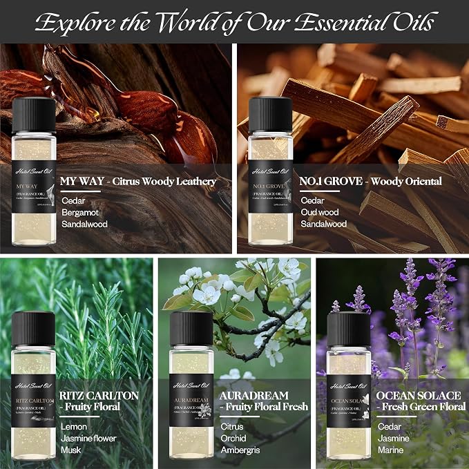 Essential Oil Set - 100% Pure Natural Essential Oil, Top 5 Hotel Scents Essential Oils for Any Diffusers - Aromatherapy Oils Gift Set - My Way, Rite Carlton, Auradream, No.1 Grove, Ocean Solace, 20mL
