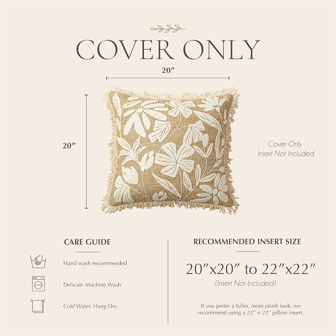Throw Pillow Cover 20x20 Inch Indoor Outdoor, Jute-Look Floral Tufted Decorative Accent Pillow Case for Patio Sofa Couch Living Room, Cover Only