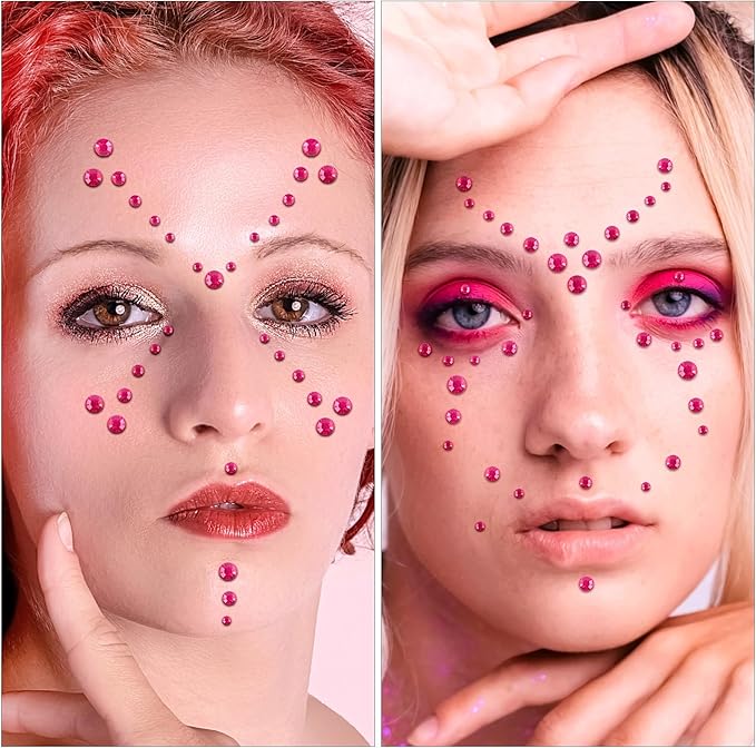 591pcs Face Gems Hair Gems Pearls, Self-Adhesive Face Jewels Eye Rhinestones 3/4/5/6/8 mm Face Gem Stick on, Halloween Makeup Gems Rave Accessories for Face Eyes Body Makeup (01.Rose red)