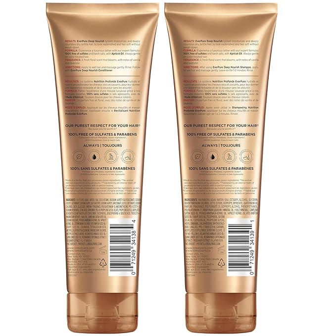 L'Oreal Paris Sulfate Free Shampoo and Conditioner for Dry Hair, Triple Action Hydration for Dry, Brittle or Color Treated Hair, Apricot Oil Infused Hair Care, EverPure, 8.5 Fl Oz, Set of 2