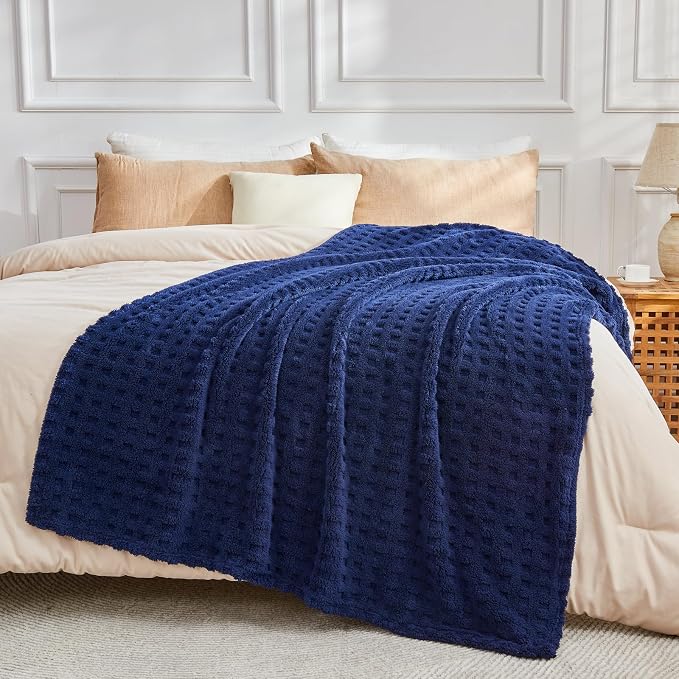 NEWCOSPLAY 3D Waffle Checkered Flannel Queen Blanket, Dark Navy, 90"x90" | Super Soft Cute Lightweight Decorative Premium Silky Fleece Blanket for Couch Sofa Bed, Gift for Women Men, All Season Use