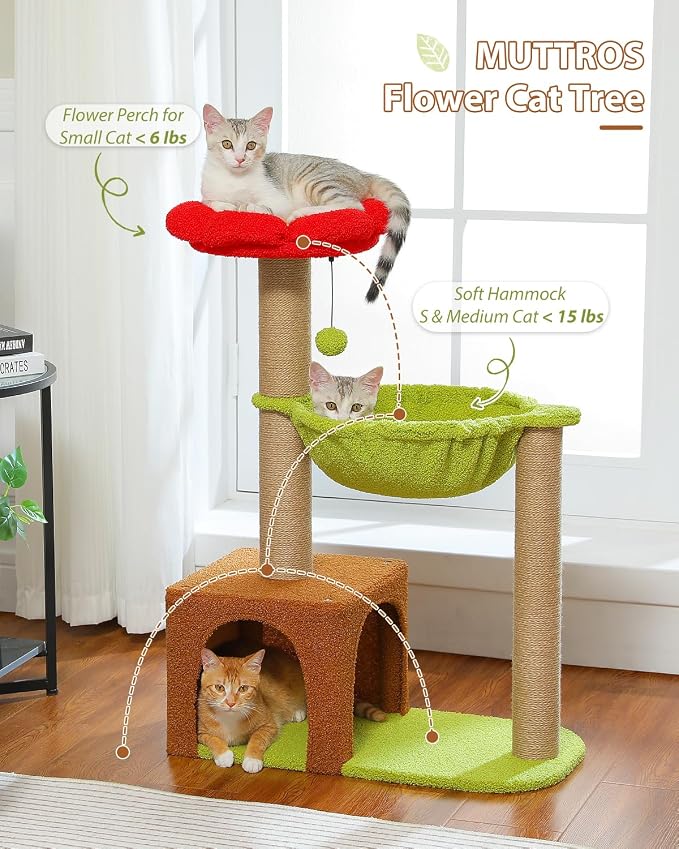 35" Flower Cat Tree for Kittens with Hammock & Sisal Posts, Brown | Flower-shaped top perch, Metal frame hammock, Sisal scratching posts, Cozy pink condo, Sturdy stable base, For small cats