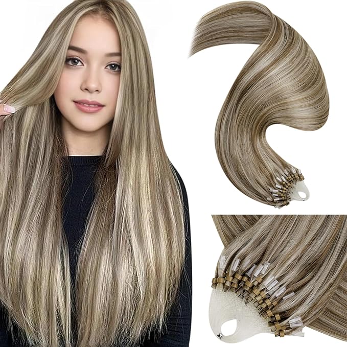 LaaVoo Micro Link Hair Extensions Human Hair Light Brown Highlighted Platinum Blonde Micro Ring Hair Extensions Human Hair 18 Inch 50g/50s