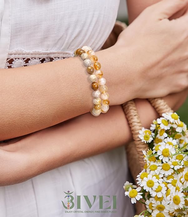 Bivei Natural Gemstone Semi Precious Healing Crystals Handmade Stretchy Round Beads Bracelet,Stocking Stuffers for Women Enhance Positive Energy