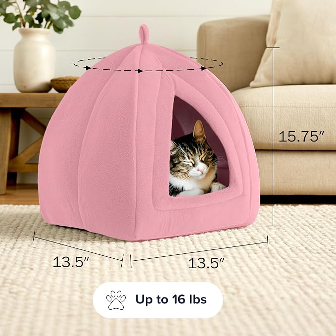 PETMAKER Cat House Indoor Bed with Removable Foam Cushion, Pink | Plush Cat Tent Bed for Small Kittens, Rabbits, Guinea Pigs, and Other Small Animals, Comfortable Cozy Pet Hideaway