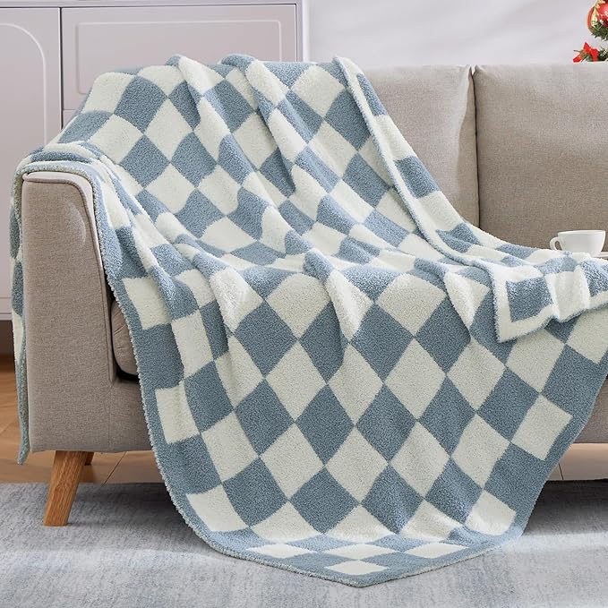 Soft Twin Size Checkered Blanket for Bed-Cozy Knitted Blankets | Lightweight Fluffy Warm Decor for Women, Mom, Her & Girls, Sofa, Chair, Couch, 60x80in,Grey Blue