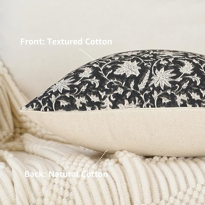 FIOUOVO Floral Throw Pillow Covers 18x18 Farmhouse Block Print Pillow Covers Decorative Pillow Covers Couch Pillows for Living Room Vintage Accent Sofa Pillows Set of 2, Black