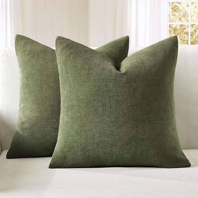 MIULEE Olive Green Chenille Couch Throw Pillow Covers, 18x18 | Set of 2, Soft Modern Farmhouse Style, Decorative Pillowcases for Sofa Living Room Bed, Home Decor