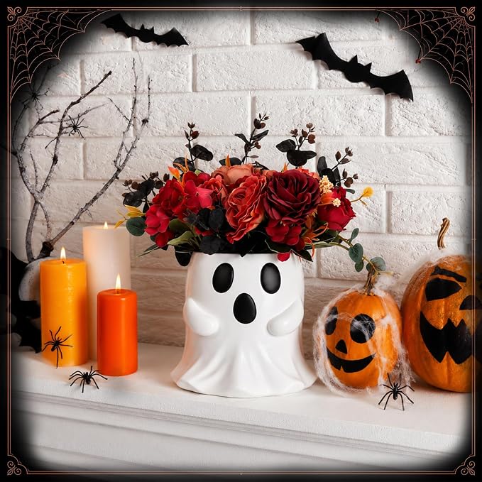 SiliFine Halloween Ghost Bucket with Artificial Flowers Halloween Vase | 6 Inch, Ghost Vase Planter Pot, Halloween Floral Centerpiece, Halloween Candy Holder, Desktop, Indoor Outdoor Holiday Decor