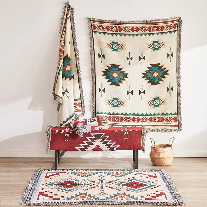 Native American Blanket Boho Throw Blanket for Sofa and Bed, Mexican Decorative Farmhouse Blanket, Southwest Decor Woven Blankets, Aztec Throw Blankets Bohemian with Tassel(Wine,50×60 inch)