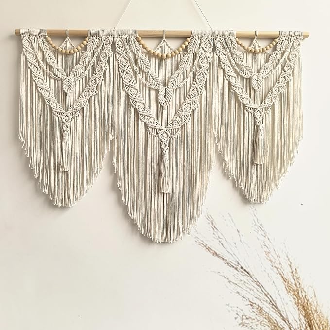 large macrame wall hanging - Boho Tapestry Macrame Wall Decor Art- Chic Bohemian Handmade Woven Tapestry Home Decoration for Bedroom Living Room Apartment Wedding Party - 43"x32" (Wood bead-A)