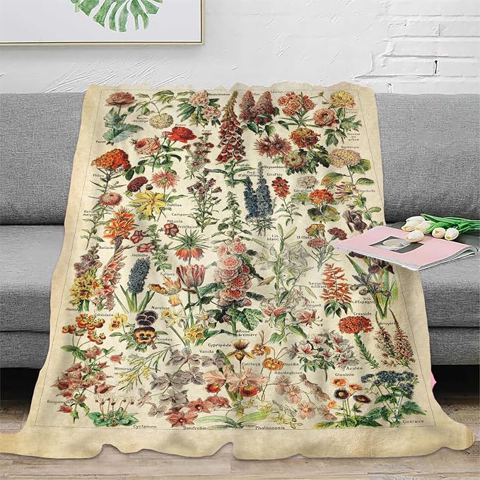 Vintage Flowers Throw Blanket 59”x51” Long Vertical Reference Illustrative Botanical Throws for Bedroom Aesthetic Floral Blankets Botanical Plants Throw Blanket Cute Bedroom Decor