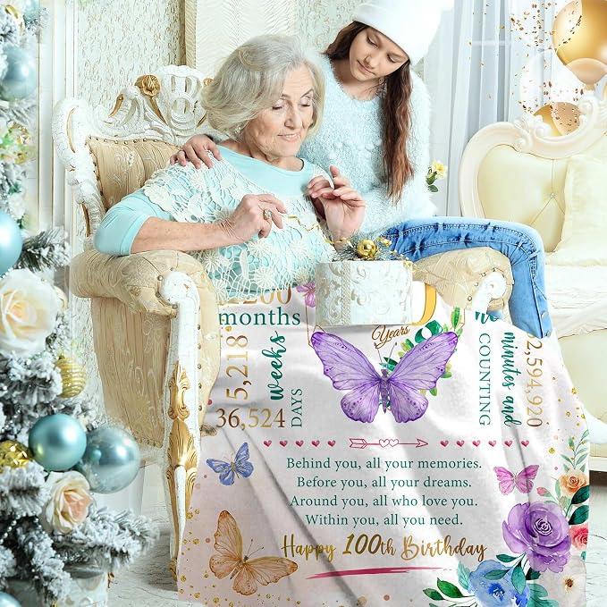 Gifts for 100 Year Old Woman, 100th Birthday Present for Women, 100th Birthday Gift Ideas, Present for Women 100yr Bday, Happy 100 Bday Decorations for Woman Throw Blanket 50"X60"