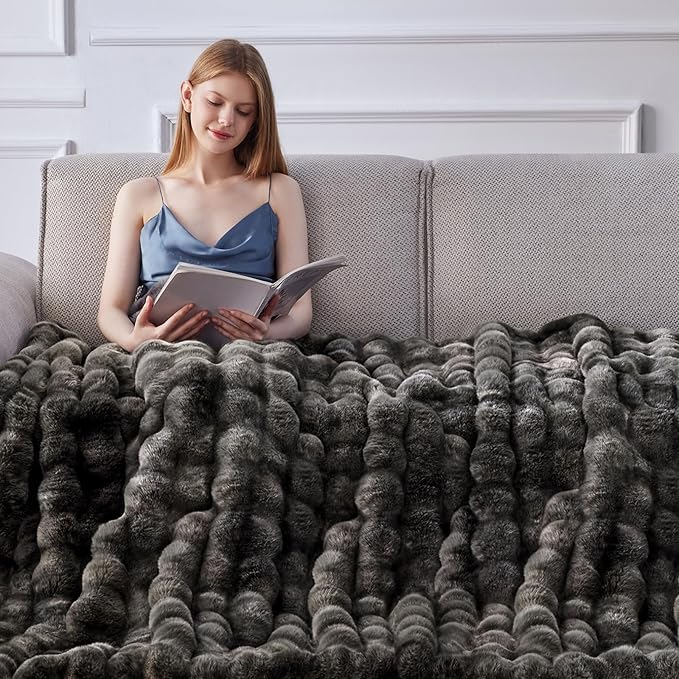 Anysay Faux Fur Throw Blanket,1000GSM Fluffy Soft Bubble Blanket 90''*104'' | Cozy Plush Warm and Thick Blanket for Couch Bed, Fuzzy Rabbit Throw for Living Room Bedroom Tie-dye Grey