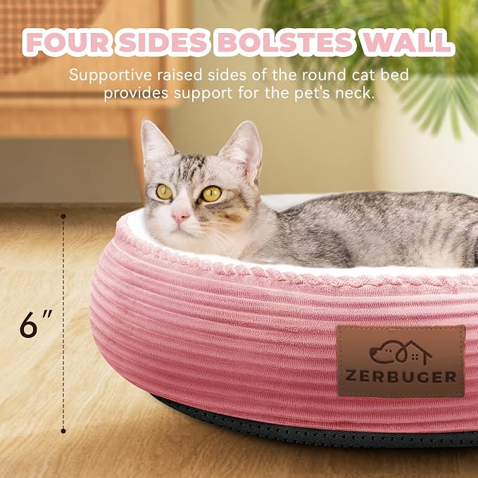 Zerbuger 20in Pink Round Dog Bed Sofa for Dogs Cats, Machine Washable | for Small/Medium/Large Dogs Cats, Foam Pet Couch with Removable Mat Non-Slip Bottom, Pet Cuddler for Indoor/Outdoor/Car/Cage