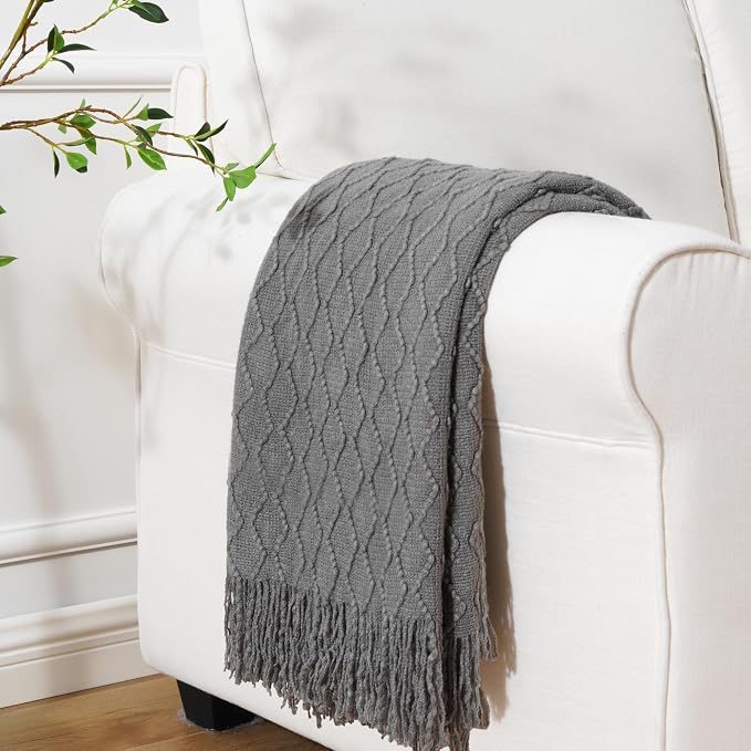 BATTILO HOME Dark Grey Throw Blanket for Couch, Textured Solid Soft Sofa Throw, Knitted Decorative Grey Blanket, 50"x60"